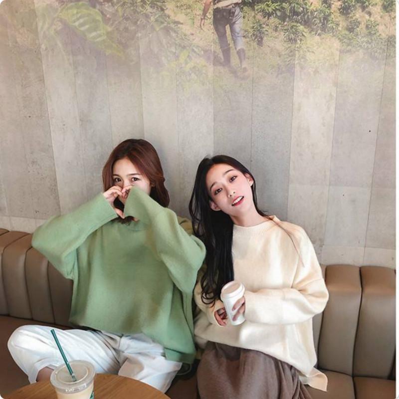 Pofulove lazy wind pullover sweater women autumn and winter loose students mid-length sweater