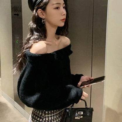 Pofulove Women Ruffles Strapless Sweater Knitted Shirt Showing Your Sexy Clavicle Pullovers Jumper