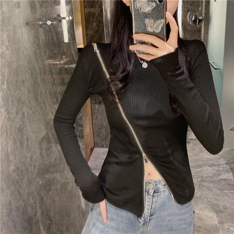 Niche Design Zipper Long-sleeved T-shirt Long-sleeved Slim Bottoming Shirt Round Neck Solid Color Fashion Top