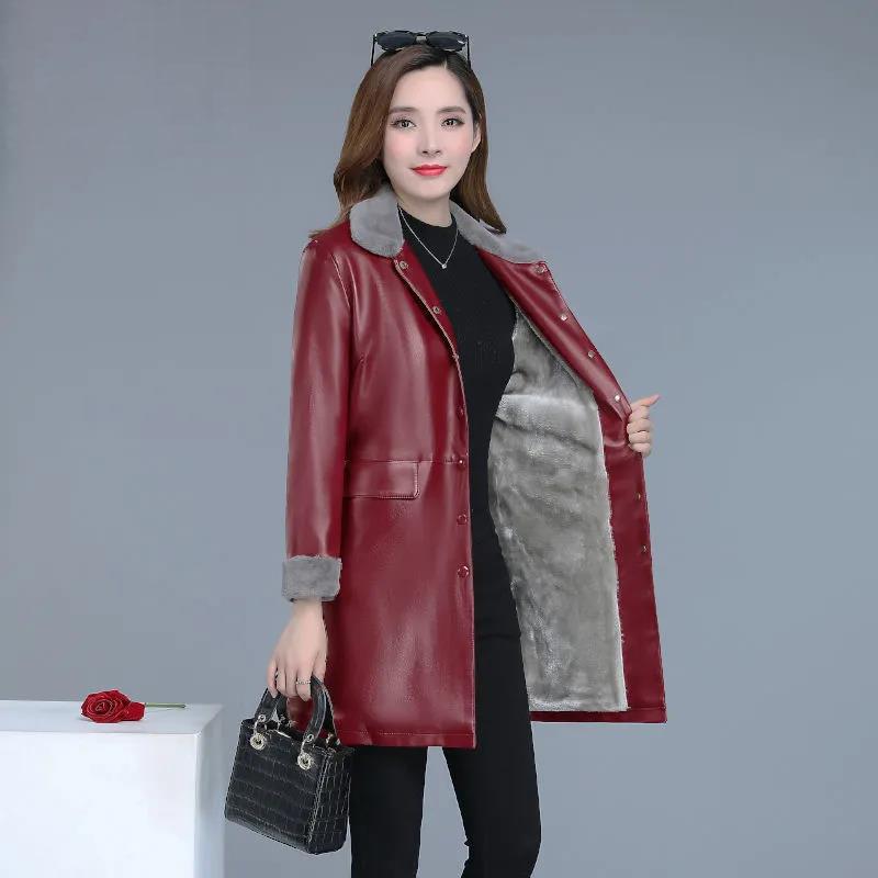 Winter Women's Leather Jacket Fashion Loose Mid-length Leather Jacket Plus Cotton Thick PU Leather Large Size Leather Jacket