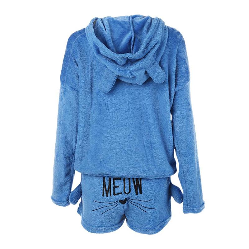 Winter Warm Women Cat-Ear-shaped Hooded Embroidery Sleepwear Pajama Set Female Shorts Homewear Suits