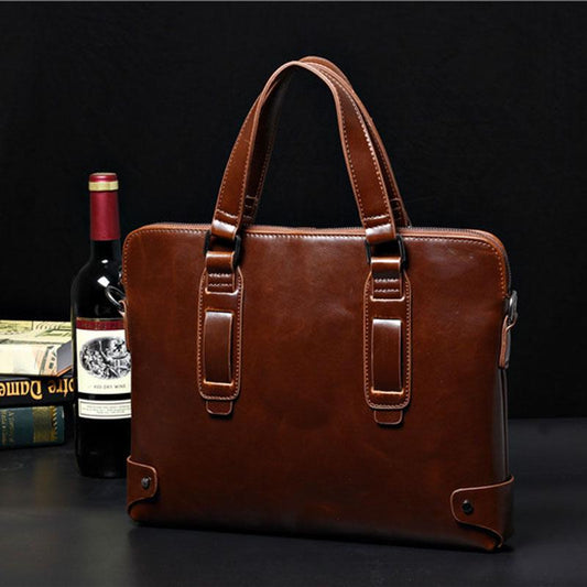Business Briefcase Men Large Capacity Zipper Leather Anti-theft Waterproof Handbag Shoulder Bag