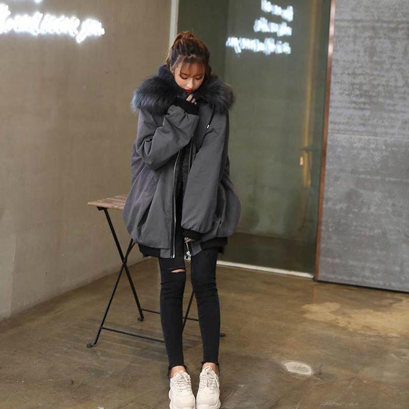 Tooling Padded Jacket Women Winter Korean Mid-length Large Fur Collar Loose BF Thick Plus Velvet Padded Jacket