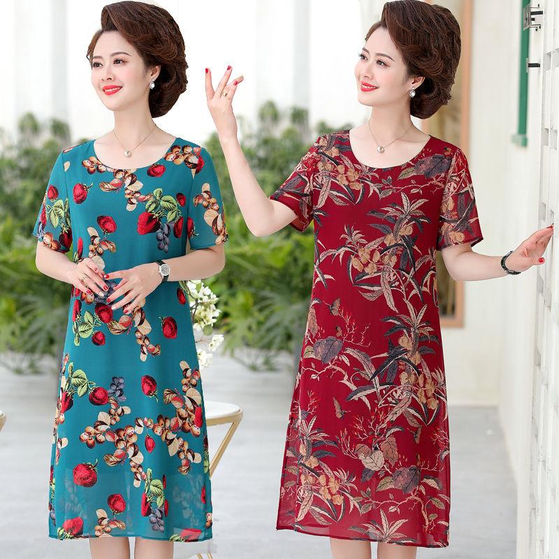 Chiffon Dress Loose Large Size Short Sleeve Summer Middle-aged Women's Dress