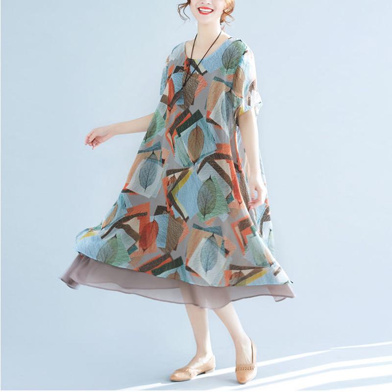 Women's Clothing Chiffon Dress Large Size Loose Round Neck Short Sleeve Printing Mid-length
