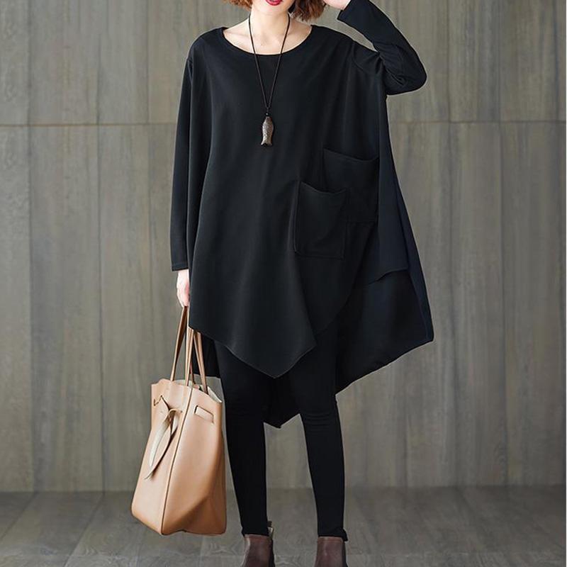 Large Size Women's Dress Loose Cover Belly Black Skirt Round Neck Pocket Jacket