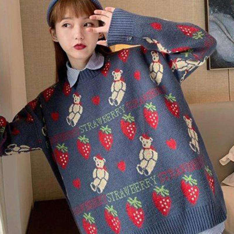 Women Fashion Sweater Casual Knitting Sweater Jacquard Round Neck Pullovers Loose Casual Long Sleeve Sweater Autumn Winter