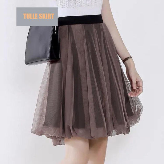 S-4XL Large Size Women's Summer Pleated Tulle Short Skirt High Waist Slim A-line Skirt All Match Elastic Waist Mesh Skirt Large Size