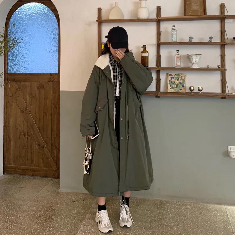 Ladies Lamb Wool Tooling Jacket Hong Kong Style Loose Quilted Jacket Over The Knee Loose Parkas