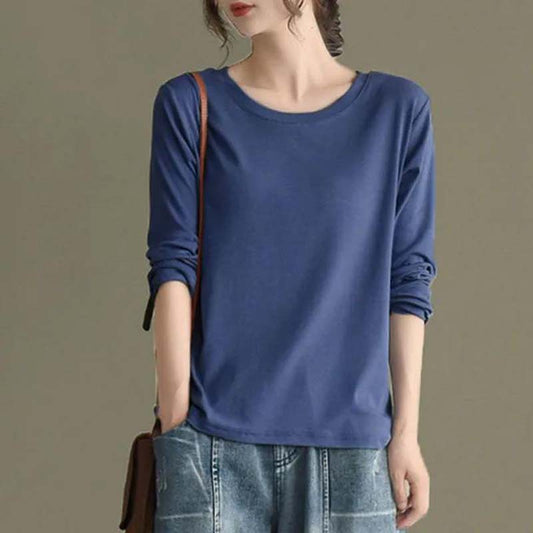 Pure Cotton Long-sleeved T-shirt Spring and Autumn Women's Top Cotton Loose Solid Color Large Size Bottoming Shirt