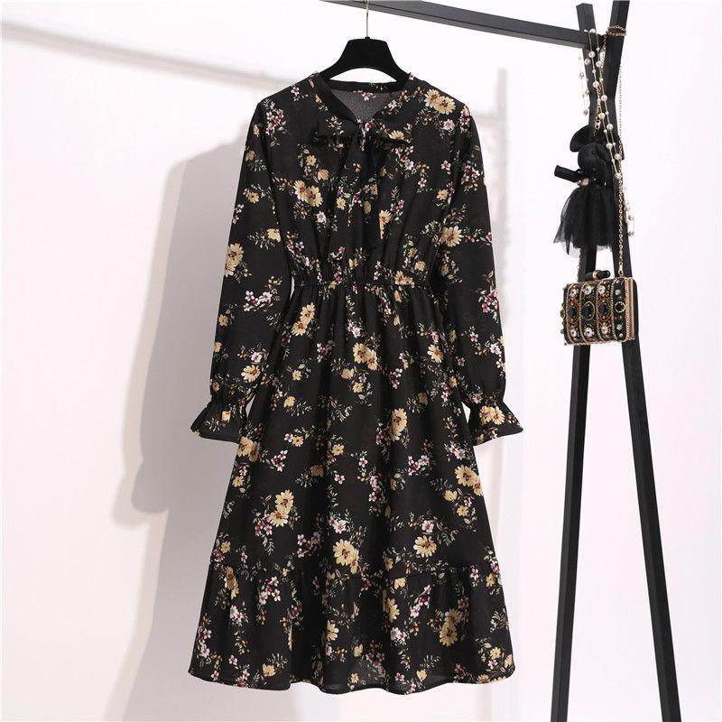 Women Dress Long Sleeve Casual Autumn DressKorean Style Vintage Floral Printed Chiffon Shirt Dress Bow Midi Summer Dress