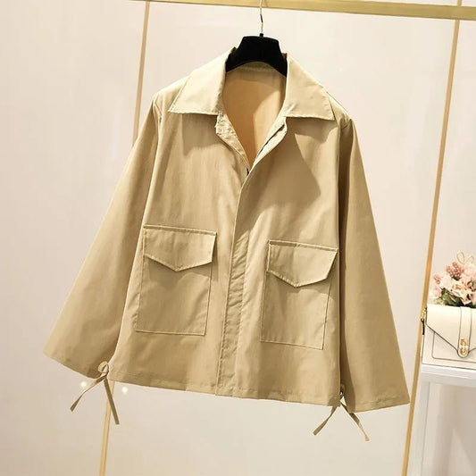 Spring Autumn Loose Casual Sweatshirt Jacket Women's All-match Slim Retro Work Jacket Solid Color Lapel Zipper Jacket