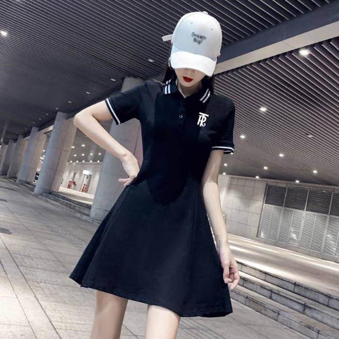 Pofulove S-2XL Women Summer Short-sleeved A-line Dress Student Slim Long Sports POLO-neck T-shirt