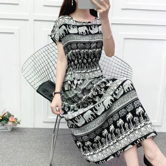 Summer Long Dress Casual Comfort Cotton Dress Plus Size Ethnic Style Short Sleeve Dress