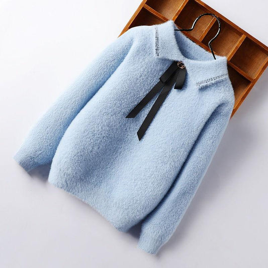 Autumn and Winter Mohair Knitted Sweater Cardigan Fashion Casual Jacket Cute Jacquard Pattern Girls Jacket
