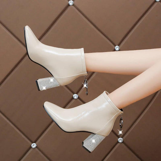 Fashion Women Martin Boots Zip Casual Boots Pointed Toe High Square Heel Warm Women Ankle Boots Size