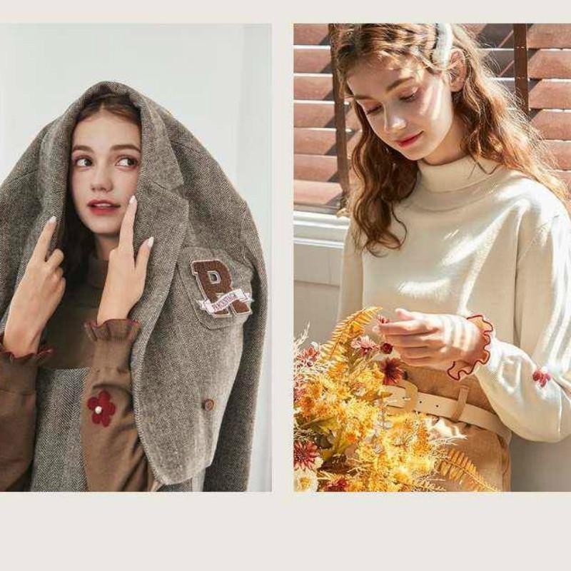 Pofulove Turtleneck Base Sweater Autumn and Winter Long-sleeved Pullover Flower Embroidery Sweater