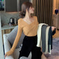 Pofulove Base Knitted Shirt Women Blouse Asymmetric V-neck Pullover Sweater Women Sexy Slim Knitwear