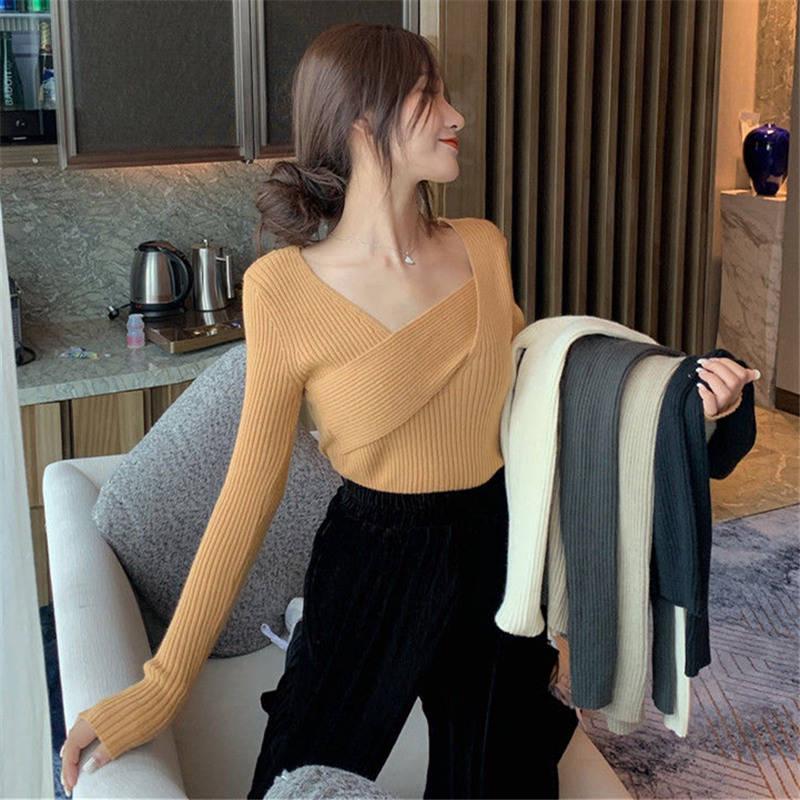 Pofulove Base Knitted Shirt Women Blouse Asymmetric V-neck Pullover Sweater Women Sexy Slim Knitwear