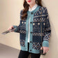 Bear Jacquard Sweater Jacket Women's Autumn and Winter Loose and Lazy Style Contrast Color Knitted Cardigan Top Trendy