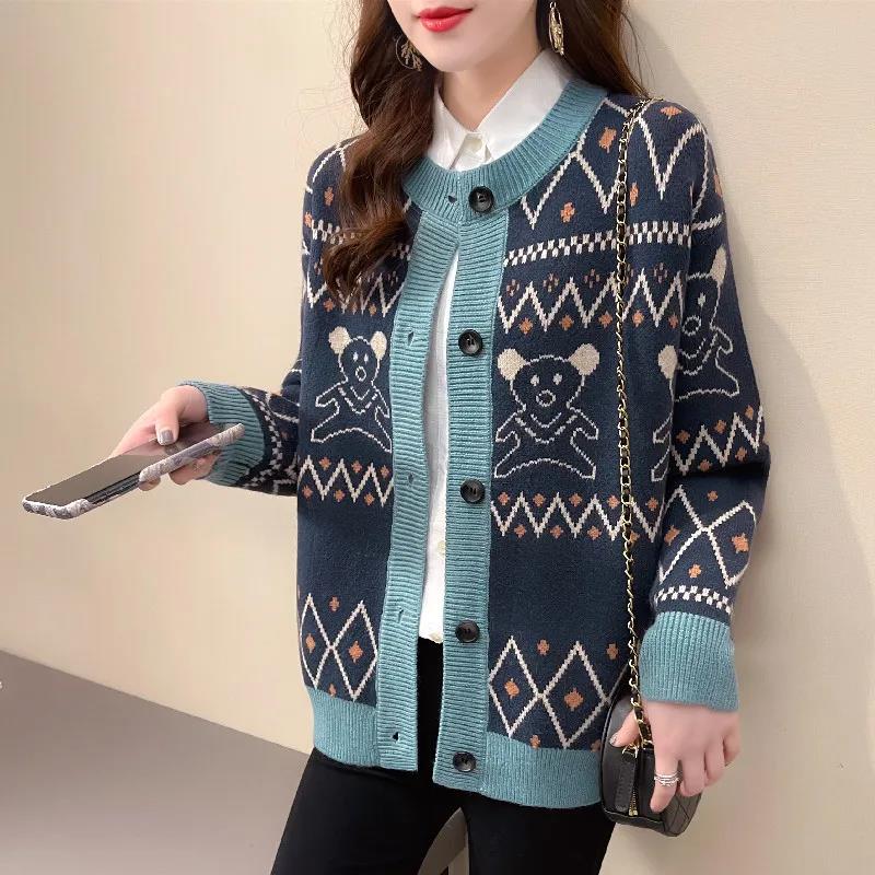 Bear Jacquard Sweater Jacket Women's Autumn and Winter Loose and Lazy Style Contrast Color Knitted Cardigan Top Trendy