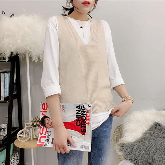 Autumn and Winter Short Loose Bottoming Shirt Waistcoat All-match V-neck Sweater Fashion Sleeveless Women's Vest