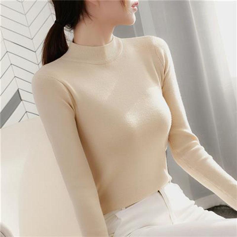 Pofulove Autumn Winter Female Half-high Collar Sweater Long-sleeved Base Inside Wear Top Bottoming