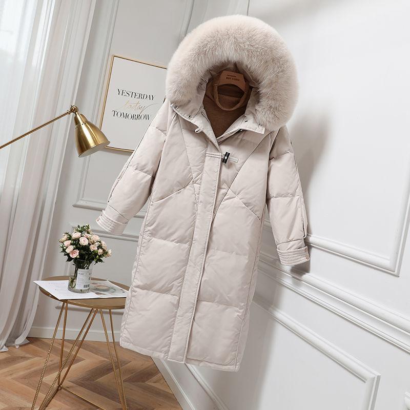 Women's Down Jacket Mid-length Over-the-knee Thickening and Long Fur Collar Hooded Slim Coat