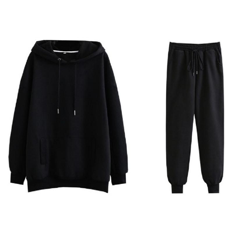 2PCS Women Autumn Winter Hoodies Tracksuit Set Solid Color Oversize Hooded Pullover Sweatshirts 2 Pieces Sets