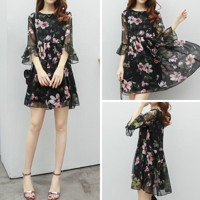 S-XXXXXL Chiffon Dress Loose Large Size Round Neck Flared Short Sleeve Summer Middle-aged Women's Dress