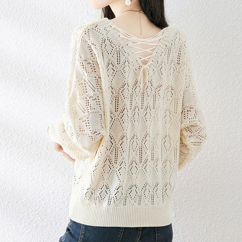 Sweater Women's Pullover Knitwear Korean V-neck Solid Color Casual Fluffy Hollow Top Trending Sweater Spring Autumn Lady Style