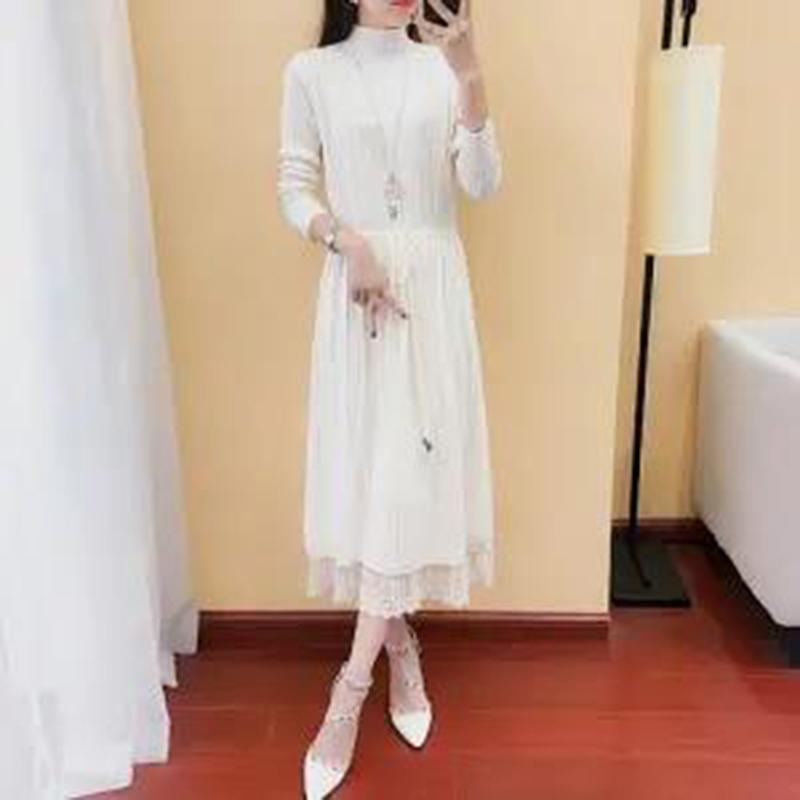 Long Sweater Dress Over The Knee Thickening New Women's Half High Neck Lace Stitching Lace Knitted Dress