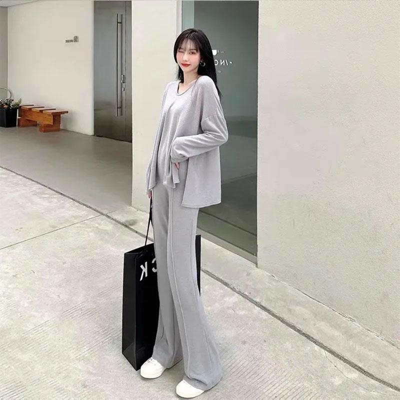 2PCS Women's Autumn Split Mid-Length Suit Casual Wide Long Sleeve Casual Sports Suit Loose Long Sleeve + High Waist Wide Leg Pants Two Piece Suit