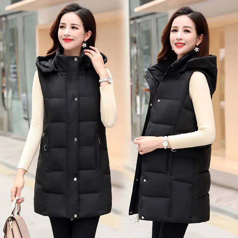Women's Winterized Vest Detachable Hood Warm Oversized Mid-Length Mommy Jacket