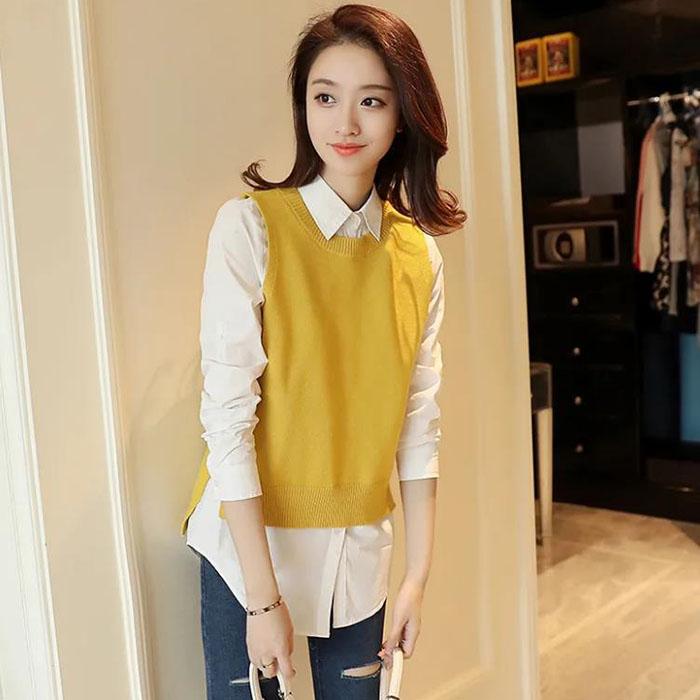 Hem Slit Sleeveless Sweater Women Spring and Autumn Pullover Loose Top All-match Knitwear Fashion Casual Vest