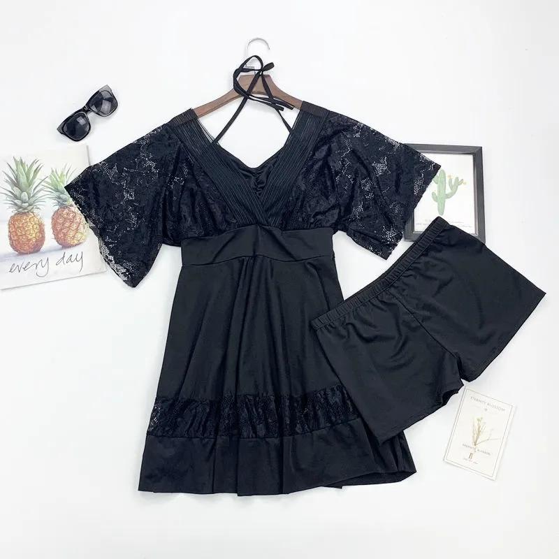 Plus Size Swimsuit Women's Solid Color Lace V-neck Tie Pleated Swimwear with Chest Pad Sexy Backless Beachwear Belly Cover Skirt Separate Swimsuit