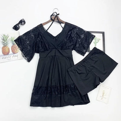 Plus Size Swimsuit Women's Solid Color Lace V-neck Tie Pleated Swimwear with Chest Pad Sexy Backless Beachwear Belly Cover Skirt Separate Swimsuit