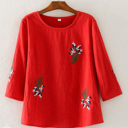 Pure Cotton T-shirt Women Summer Embroidered Art T-shirt Women Loose Top Three-quarter Sleeves Ethnic Style Bottoming Casual T-shirt