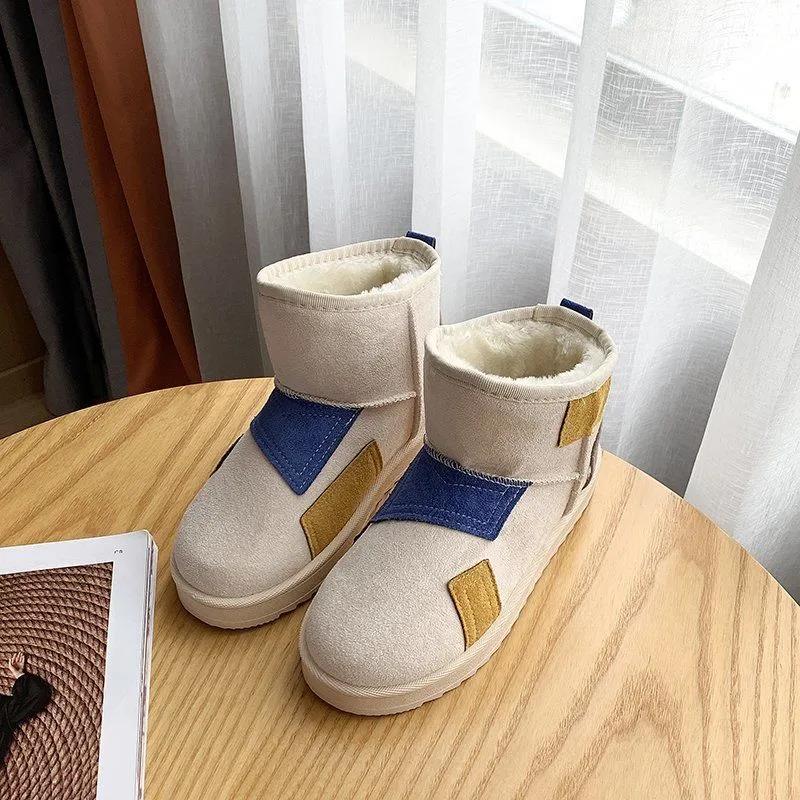 Color-blocking Snow Boots Women's Autumn and Winter Plus Velvet Cotton Shoes Thick-soled Waterproof Non-slip Short Boots