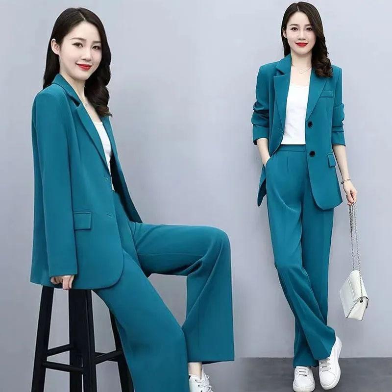 2PCS Women's Spring Suit Suit Professional Wide Leg Pants + Loose Jacket Two-piece Ladies Casual Elegant Suit