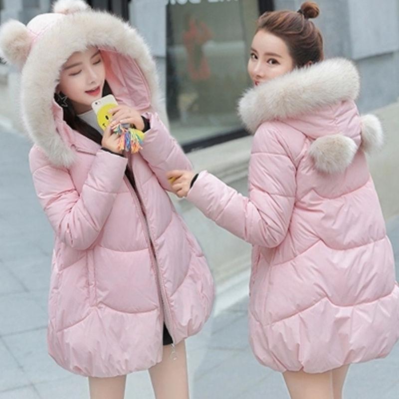 Thick and Warm Cute Down Jacket Loose Warm Cotton Jacket with Fluffy Fur Collar Hooded Short Down Jacket Thick Warm Thick Coat