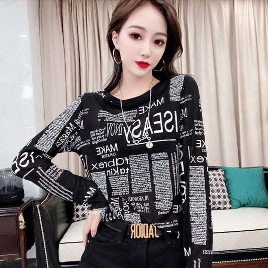 Girls' Top Clothing Fashion Printing Long-sleeved T-shirt All-match Round Neck Slim Bottoming Shirt