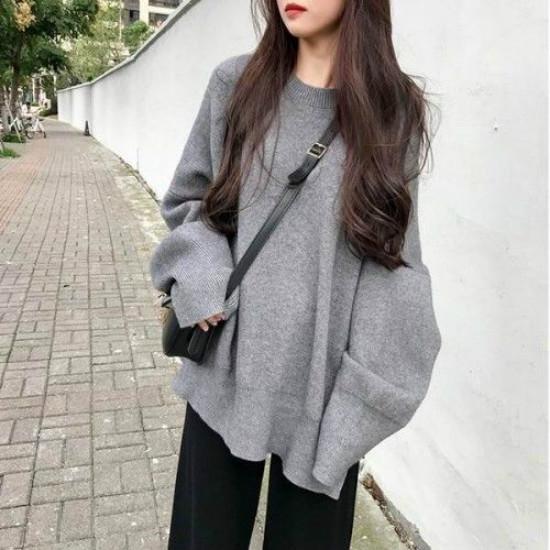 7 Colors Women Warm Solid Purple O-Neck Loose Sweater Blouse Simple Color Cute Sweaters