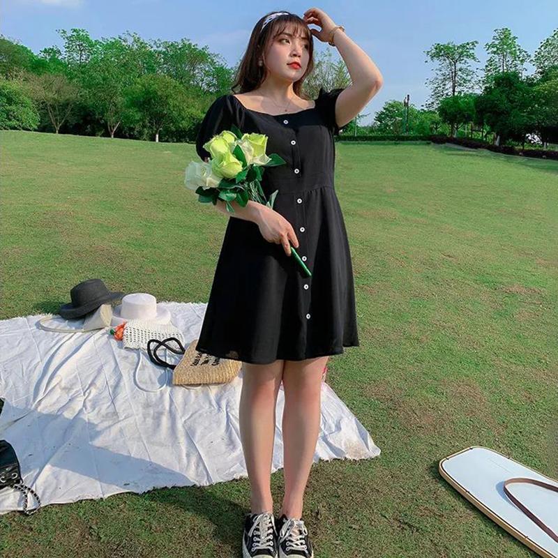 Super Loose Dress Women's Rectangular Neckline Bubble Short-sleeved Mid-length Waist Slimming Loose Version Dress Women's Loose Casual Sweet Dress