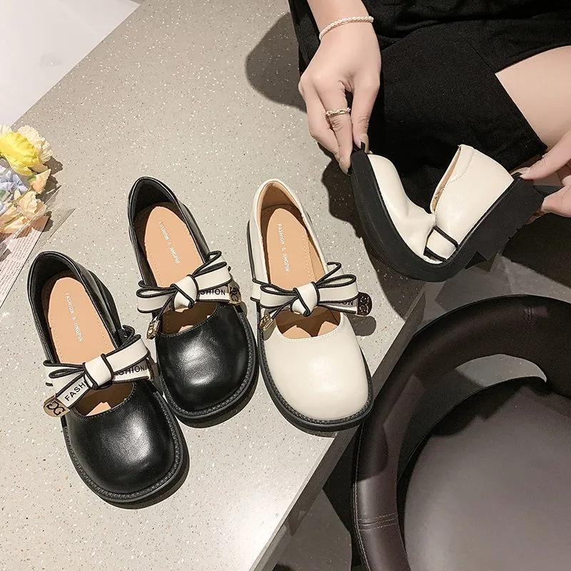 Female British Loafers Summer Small Leather Shoes Retro Medium Heel Comfortable Shoes Cute Low Wedge Lady Shoes with Skirt Lolita Shoes for Girls