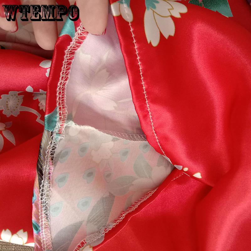 Women Sexy Silk Satin Knee Length Robe Bathrobe Peacock Floral Print Kimono Pajamas Cardigan