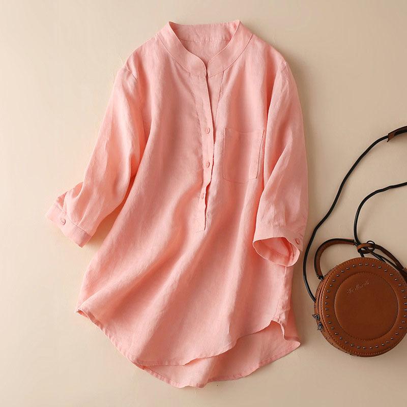 Cotton Stand Collar Shirt Women's Spring and Summer Cotton Linen Three-quarter Sleeves Simple Loose Large Size Casual Blouses