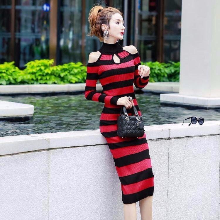 European and American Autumn  Winter Sexy Soff-shoulder Turtleneck Sweater Dress Long Slim Striped Knitted Dress Bottoming Pencil Dress