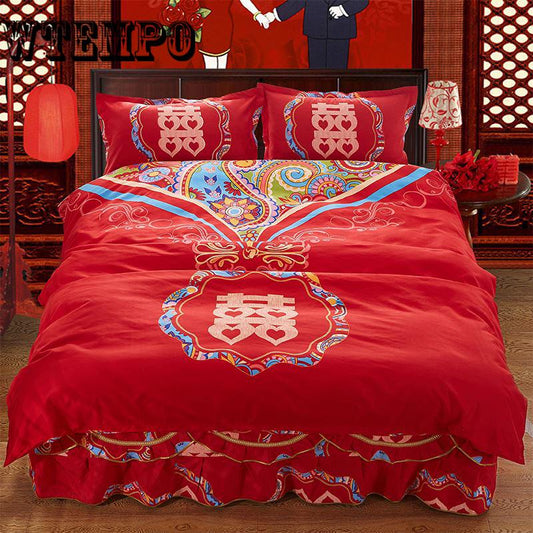 Cotton lace fabric Luxury Flower edge Wedding Bed skirt for King Queen size bedding sets