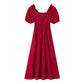 Women's Summer Puff Sleeve Dress Solid Color Chiffon Slim V-neck Long Skirt